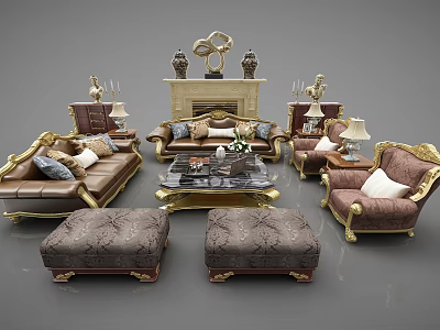 Luxurious Classic Sofa and Coffee Table Set with Leather Gold Accents Ottomans and Throw Pillows 3d model