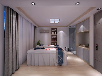 Serene SPA Interior With Massage Bed Flower Petals Towels Curtains And Wooden Shelves 3d model