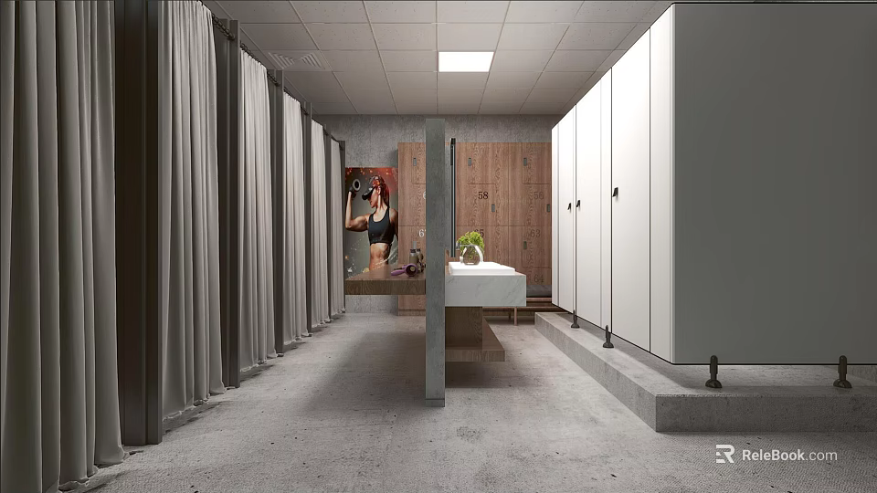 Modern Spacious Public Gym Restroom With Shower Curtains Storage Lockers And Clean Wash Station 3d model 