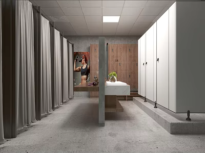 Modern Spacious Public Gym Restroom With Shower Curtains Storage Lockers And Clean Wash Station 3d model