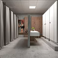Modern Spacious Public Gym Restroom With Shower Curtains Storage Lockers And Clean Wash Station