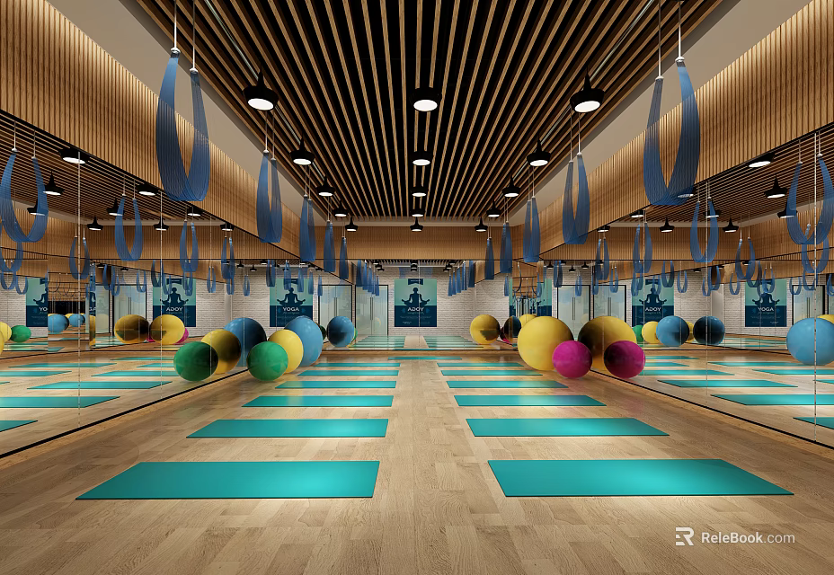 Modern Fitness Training Studio With Blue Yoga Mats Colorful Exercise Balls And Wooden Ceiling 3d model 