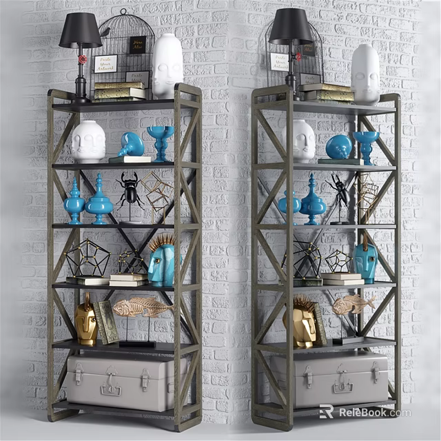 Decorative Ornament Arrangement On Multi tiered Metal Shelves With White Brick Wall 3d model 