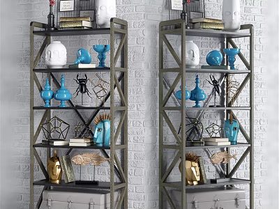 Decorative Ornament Arrangement On Multi tiered Metal Shelves With White Brick Wall 3d model