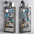 Decorative Ornament Arrangement On Multi tiered Metal Shelves With White Brick Wall