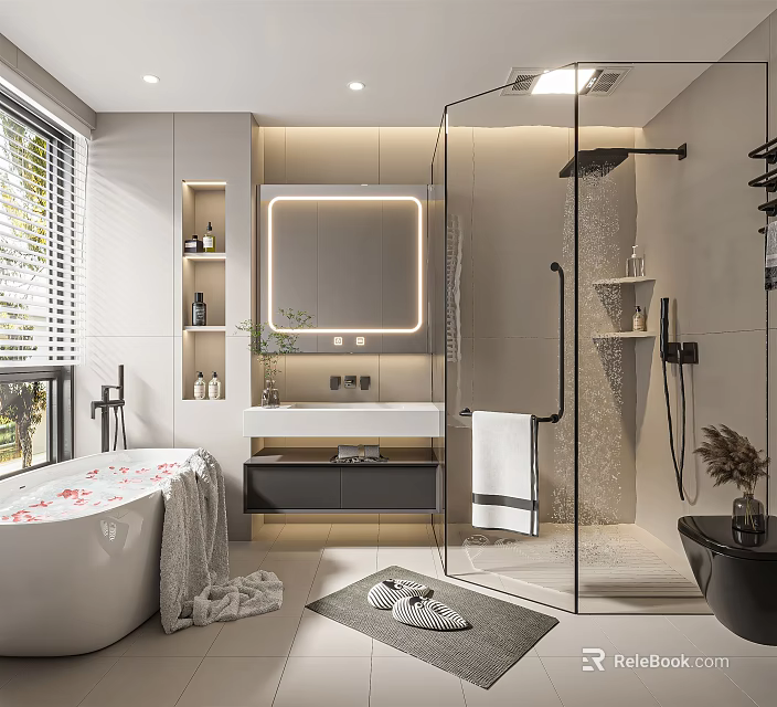 Modern Bathroom Interior With Freestanding Bathtub Glass Shower Enclosure Backlit Mirror And Floating Vanity 3d model 