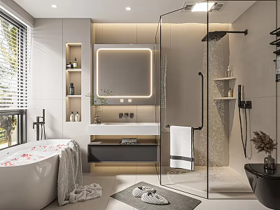 Modern Bathroom Interior With Freestanding Bathtub Glass Shower Enclosure Backlit Mirror And Floating Vanity 3d model