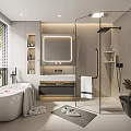 Modern Bathroom Interior With Freestanding Bathtub Glass Shower Enclosure Backlit Mirror And Floating Vanity