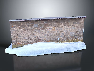 Rustic Stone Wall With Tiled Roof And Snow Covered Base On Smooth Reflective Surface 3d model