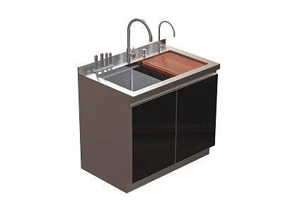 Stainless Steel Kitchen Sink Cabinet With Double Faucets Wooden Cutting Board And Black Doors 3d model