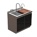 Stainless Steel Kitchen Sink Cabinet With Double Faucets Wooden Cutting Board And Black Doors