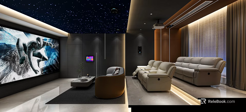Modern Home Theater Interior Design With Starry Ceiling Projector Large Projection Screen And Reclining Sofas 3d model 