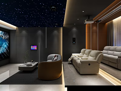 Modern Home Theater Interior Design With Starry Ceiling Projector Large Projection Screen And Reclining Sofas 3d model