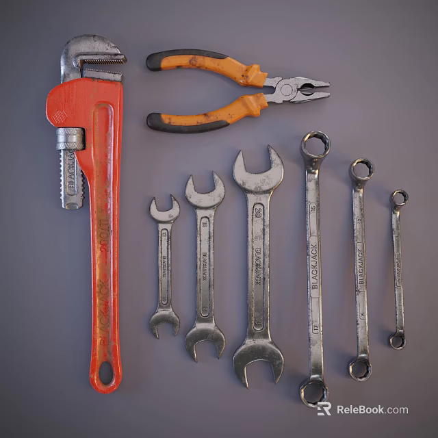 Red Pipe Wrench Orange Handle Pliers And Various Wrenches For Hardware Tools Home Repair 3d model 