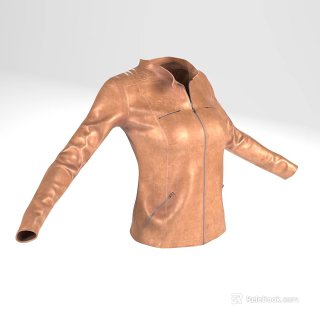 Women's Brown Leather Jacket With Stand Up Collar Front Zipper And Pockets 3d model 