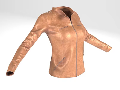 Women's Brown Leather Jacket With Stand Up Collar Front Zipper And Pockets 3d model