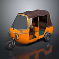 Orange Three Wheeled Tuk Tuk Vehicle With Brown Canopy And Green Seats