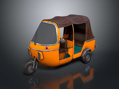 Orange Three Wheeled Tuk Tuk Vehicle With Brown Canopy And Green Seats 3d model