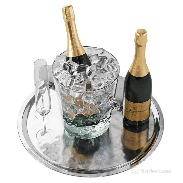 Champagne Bottles And Champagne Glass With Ice Cubes In Glass Bucket On Silver Tray 3d model 
