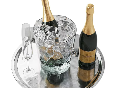 Champagne Bottles And Champagne Glass With Ice Cubes In Glass Bucket On Silver Tray 3d model
