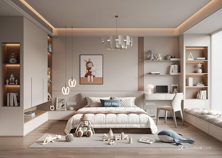 Cozy Modern Kids Room Interior With Bed Bookshelves Desk And Toys On Rug 3d model 