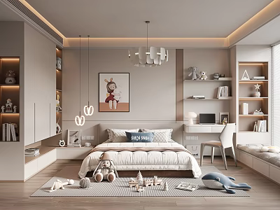 Cozy Modern Kids Room Interior With Bed Bookshelves Desk And Toys On Rug 3d model