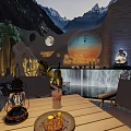 Scenic Mountain Backdrop Bar With Outdoor Seating Night View And Ambient Lighting Decor