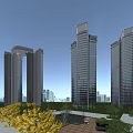 Modern High Rise Residential Buildings With Glass Curtain Walls Green Belt And Urban Background