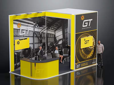 Exhibition Booth Furniture With Yellow White Reception Counter And Chairs 3d model