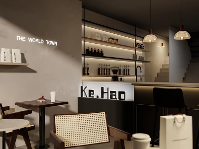 Modern Ke.Hao Cafe In World Town With Bar Counter Shelves Bottles Cups Tables And Chairs 3d model