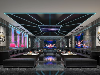 Modern KTV Lounge Interior Design With Starry Ceiling LED Lights Sofa Seating And Large Screen 3d model