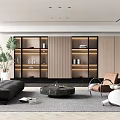 Modern Living Room Interior With Black Sofa Round Coffee Table Bookshelf Lighting And Potted Plant