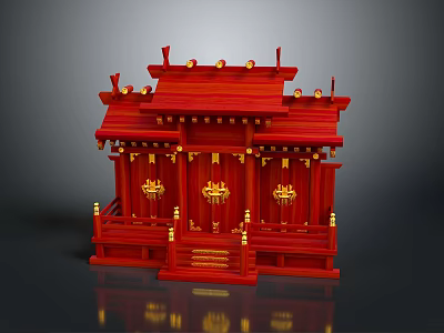 Traditional Red Entrance Gate With Golden Decorations And Ornate Roof Structure 3d model