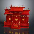 Traditional Red Entrance Gate With Golden Decorations And Ornate Roof Structure