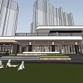 Modern Commercial Building Exterior With Open Plaza Pedestrians Greenery And Cloud Sculptures