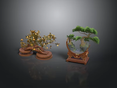 Decorative Bonsai Trees With Golden Leaf And Green Pine On Wooden Display Bases 3d model