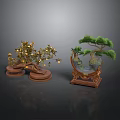 Decorative Bonsai Trees With Golden Leaf And Green Pine On Wooden Display Bases