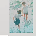 Character Painting of Two Children Walking in Water Among Water Lilies with Reflections