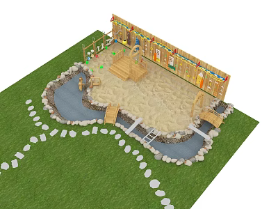 Park Landscape With Sandpit Wooden Fence Colorful Decorations Stone Path And Grass 3d model