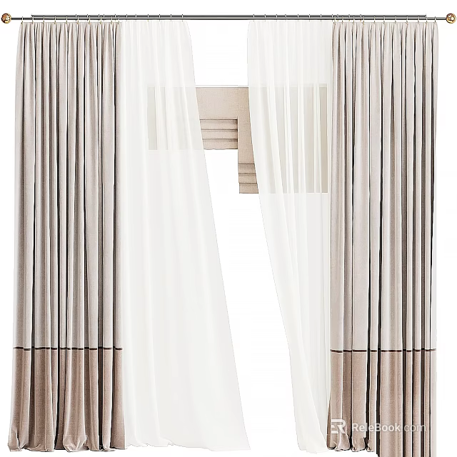Modern Elegant Curtain Design With Double Layer Beige Outer And White Sheer Inner Fabric 3d model 