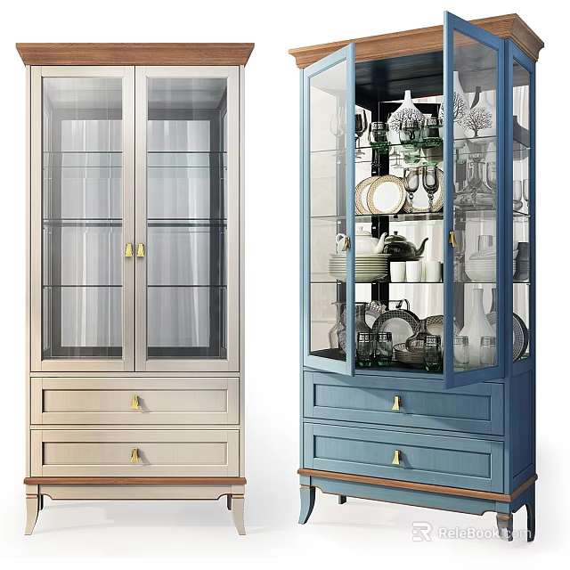 Light Beige And Blue Wooden Display Cabinets With Glass Doors And Drawers For Dishes 3d model 