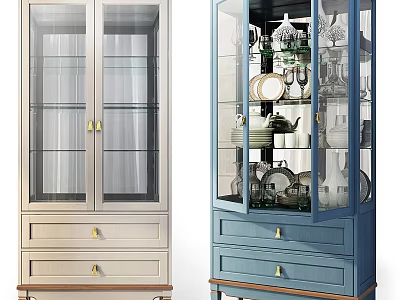 Light Beige And Blue Wooden Display Cabinets With Glass Doors And Drawers For Dishes 3d model