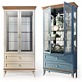 Light Beige And Blue Wooden Display Cabinets With Glass Doors And Drawers For Dishes