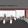 Modern Public Office Space Interior With Orange Chairs White Tables Red Walls And Open Layout