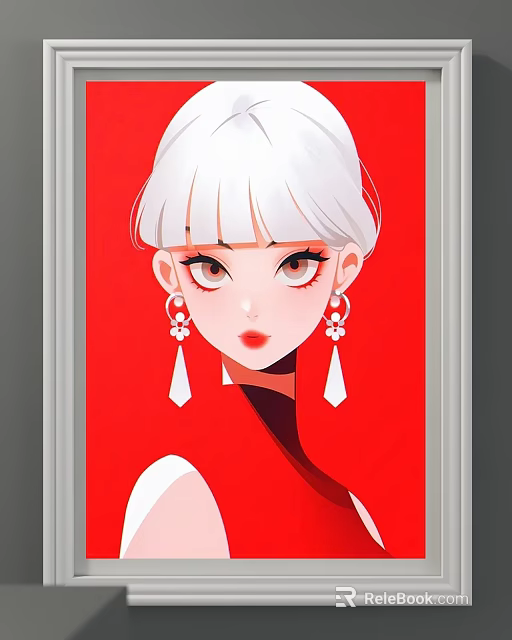 Modern Character Portrait with White Short Hair Fringe Large Eyes White Geometric Earrings Red Clothing 3d model 