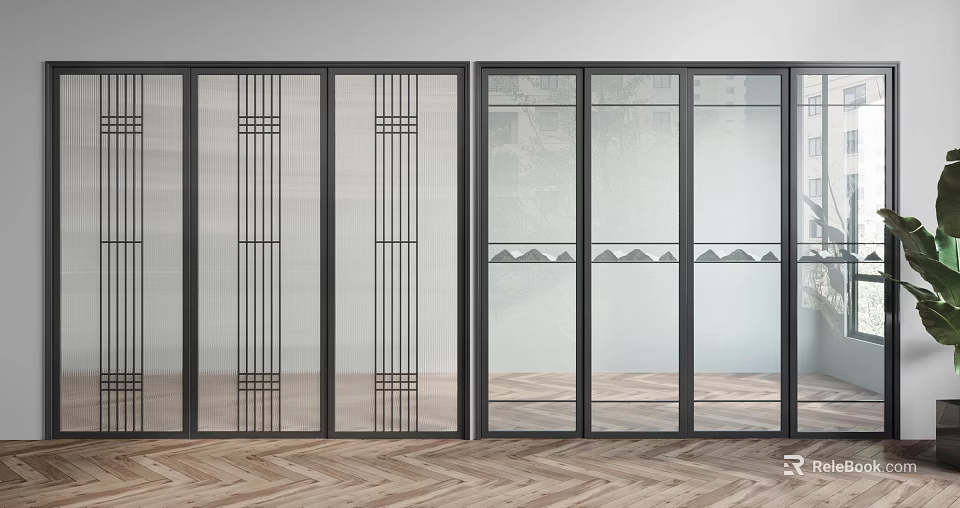 Modern Sliding Doors with Geometric Patterns and Mountain Motifs Glass Black Frames 3d model