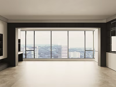 Sleek Dark Wall Paneling In Modern Living Room With Large Windows And City View 3d model