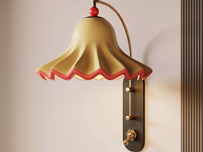 Modern Wall Lamp With Yellow Bell Shaped Lampshade Red Wavy Edge And Black Metal Base 3d model