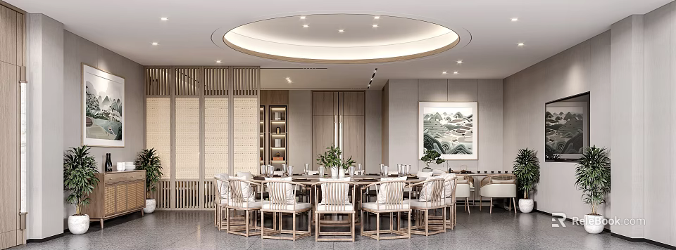 Modern Private Dining Room Interior With Round Table Chairs And Art 3d model