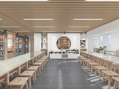 Bright Book Art Exhibition Space With Bookshelves And Wooden Reading Tables 3d model